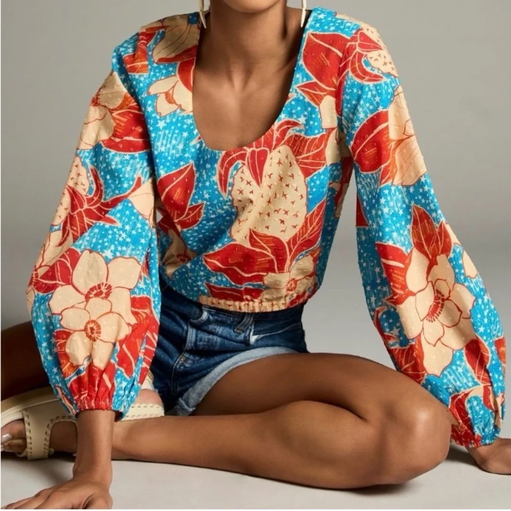 NWT Farm Rio x Anthropologie Puff-Sleeve Bubble Blouse size L